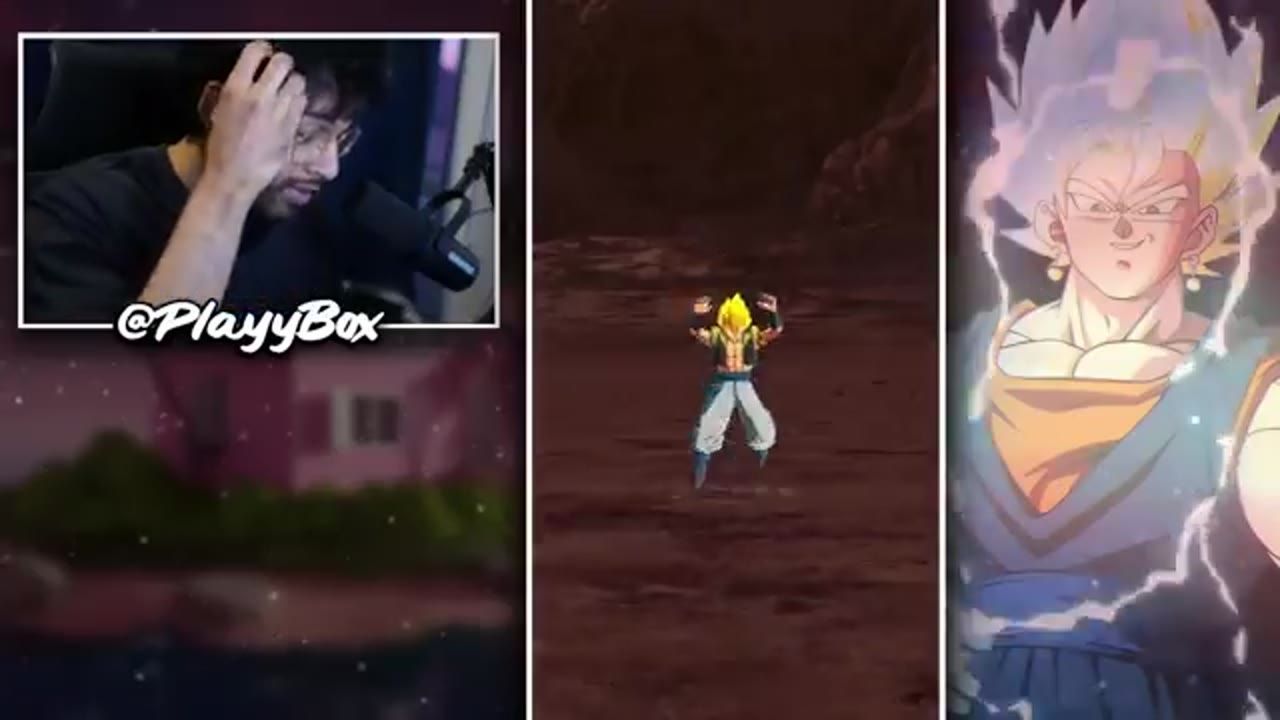 Ultra Gogeta Blue appears on the right side of the screen while a small character stands in the center of a PvP intro scene, with a webcam overlay in the upper left.