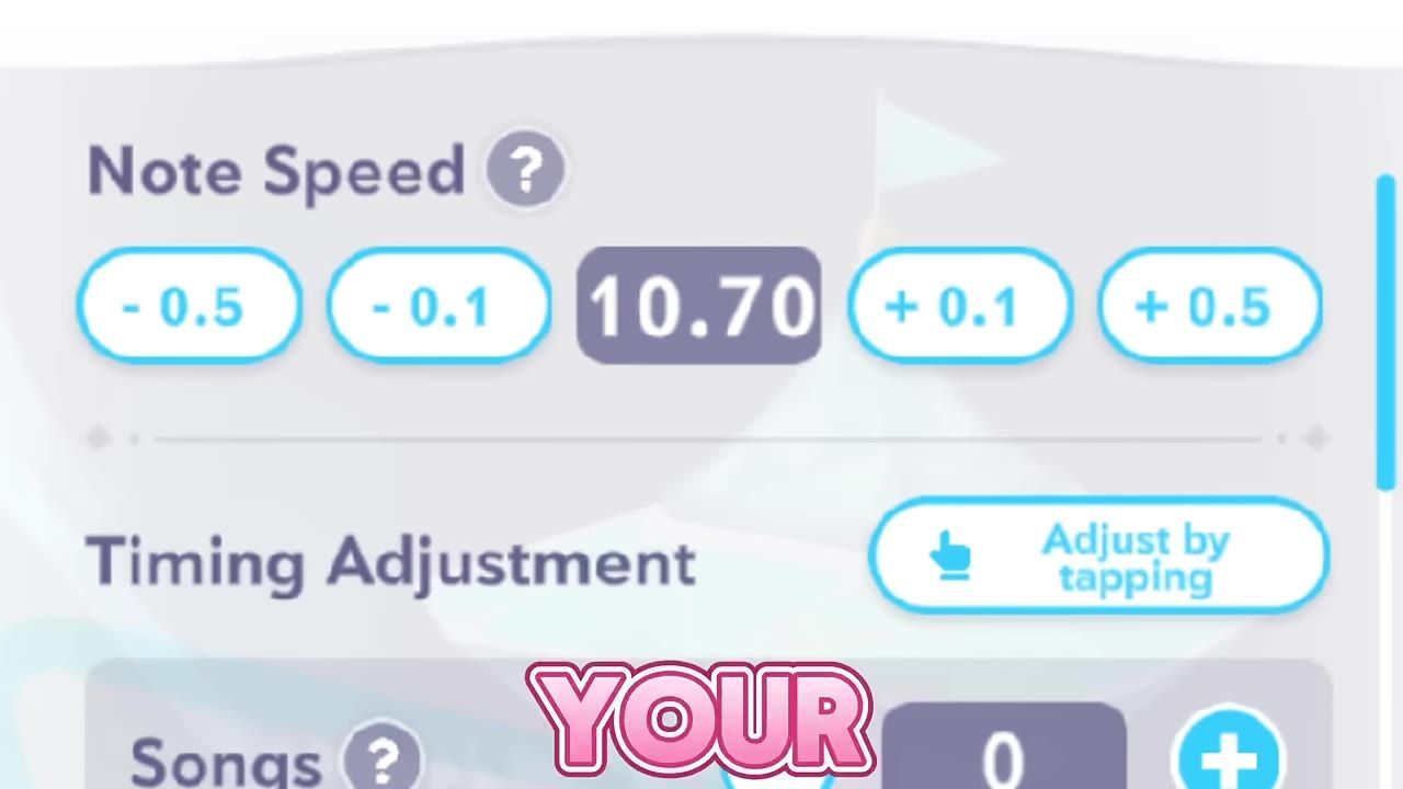 Settings menu showing note speed adjustments with options to change the speed in small increments.