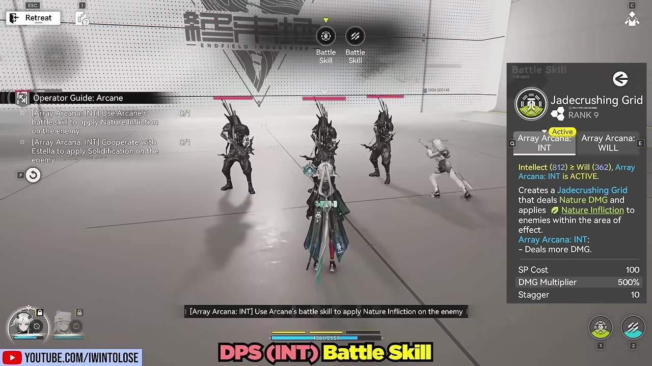 Game screen showing Arcane's battle skill activated with detailed ability information displayed.