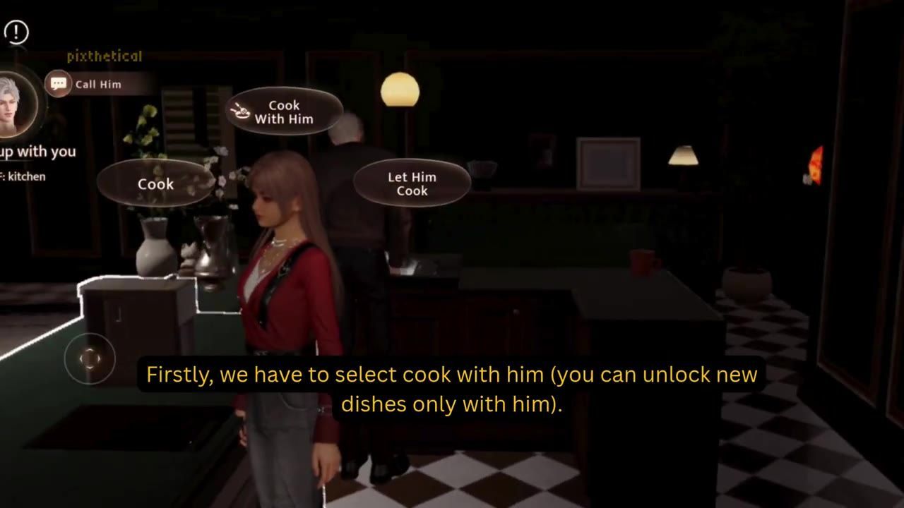 A character stands in a dim kitchen with floating interaction choices including Cook, Cook With Him, and Let Him Cook.