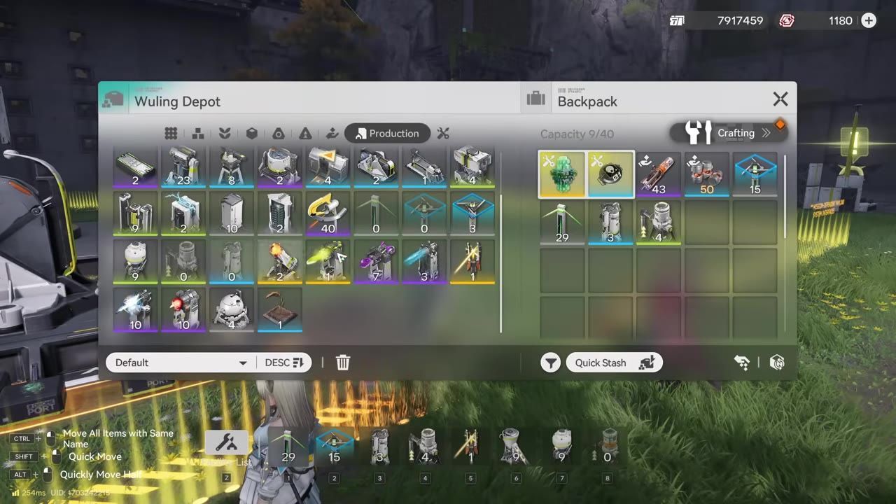 Crafting menu open with numerous items shown and the backpack inventory displayed.