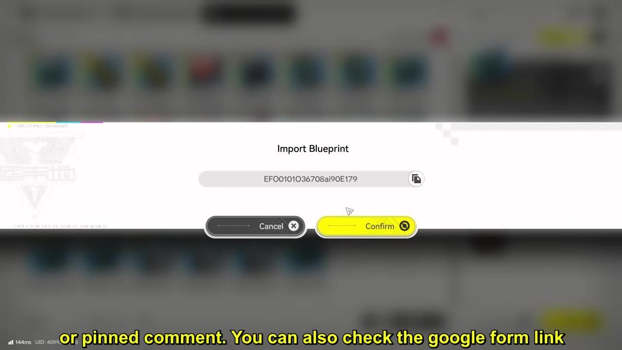 The Blueprint Import interface with a code entered, containing options to confirm or cancel the process.
