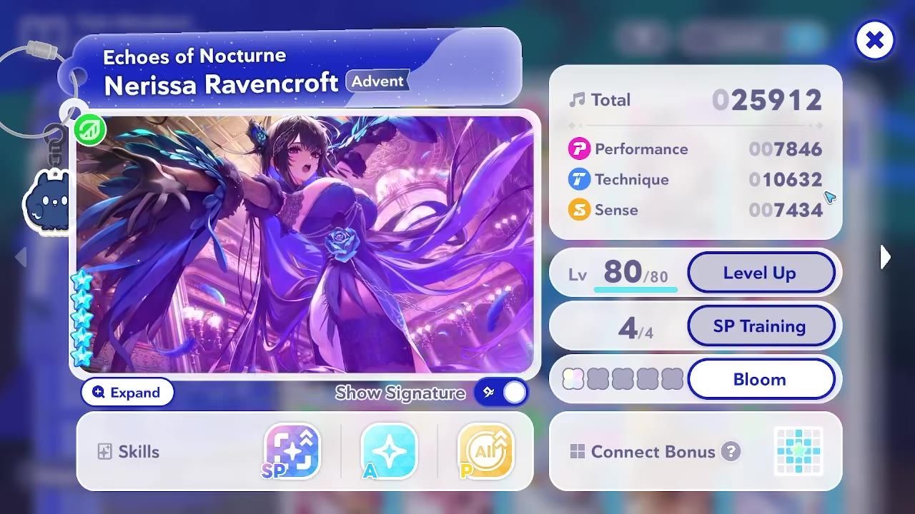 A character build screen for Nerissa Ravencroft shows her artwork on the left and stats, level, and training buttons on the right.