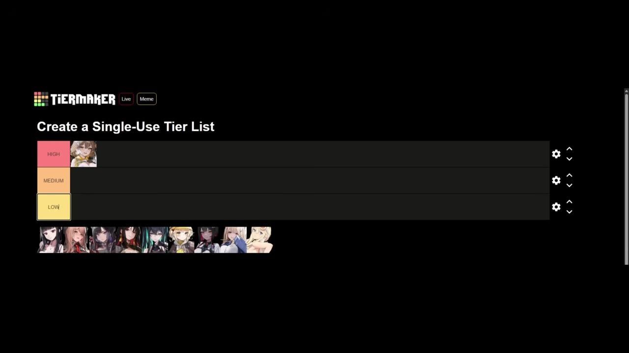 A TierMaker tier list page is shown with HIGH, MEDIUM, and LOW rows and several character portraits, with one character placed in the HIGH row.