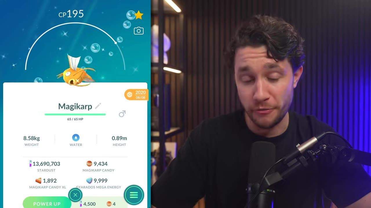 Game screen showing Magikarp's stats, including candy count and CP.