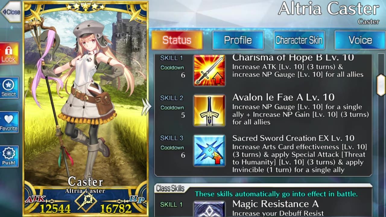 The status screen for Altria Caster shows her character art on the left and her skill list on the right, with descriptions for Charisma of Hope, Avalon le Fae, and Sacred Sword Creation visible.