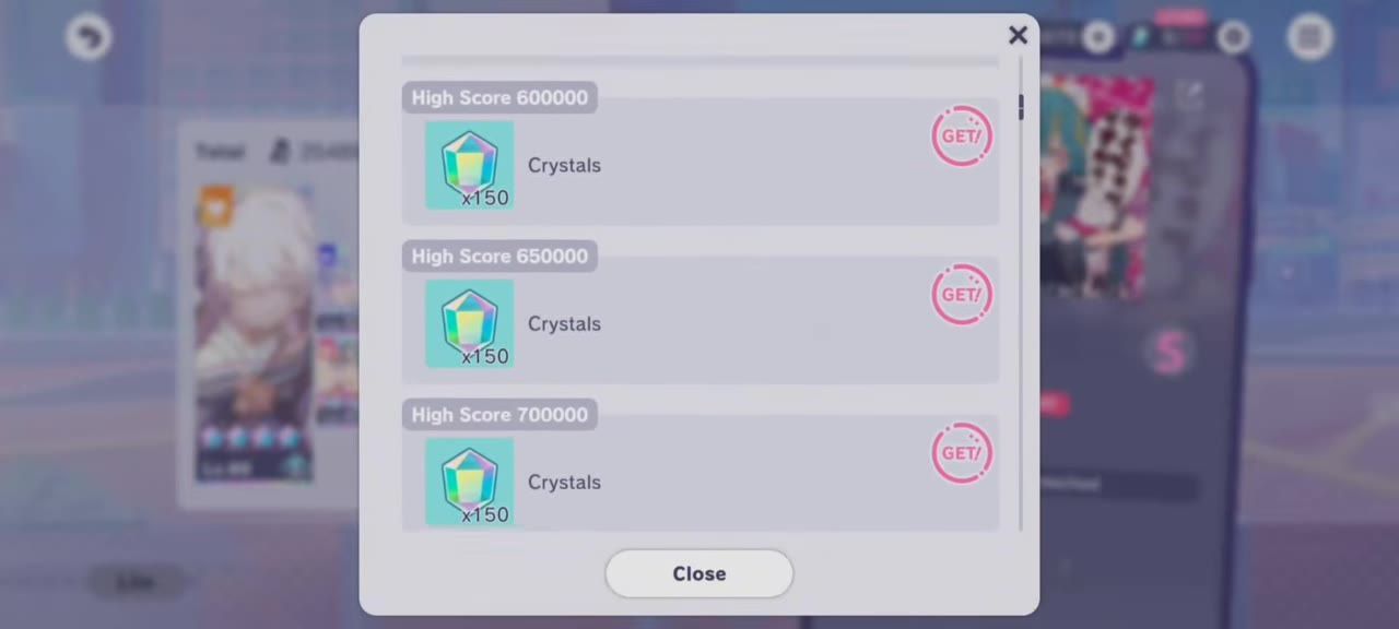 The Challenge Show interface listing rewards for achieving various high scores.