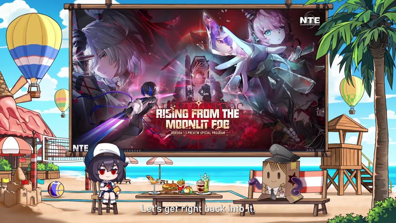 A lively beachside scene with a promotional poster for 'Rising from the Moonlit Fog,' mentioning Version 1.3.
