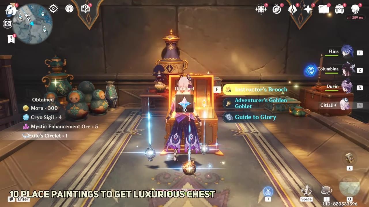 A game scene where a character stands before an opened chest with visible rewards listed on the screen.