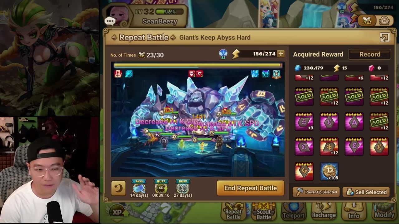 Game interface displaying progression details in Giant’s Keep Abyss Hard with a character overlay.