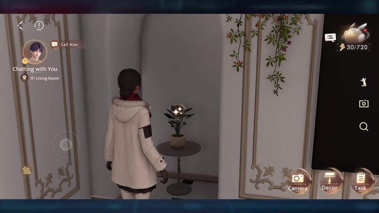 Character admiring a decorated plant on a small table in a room.
