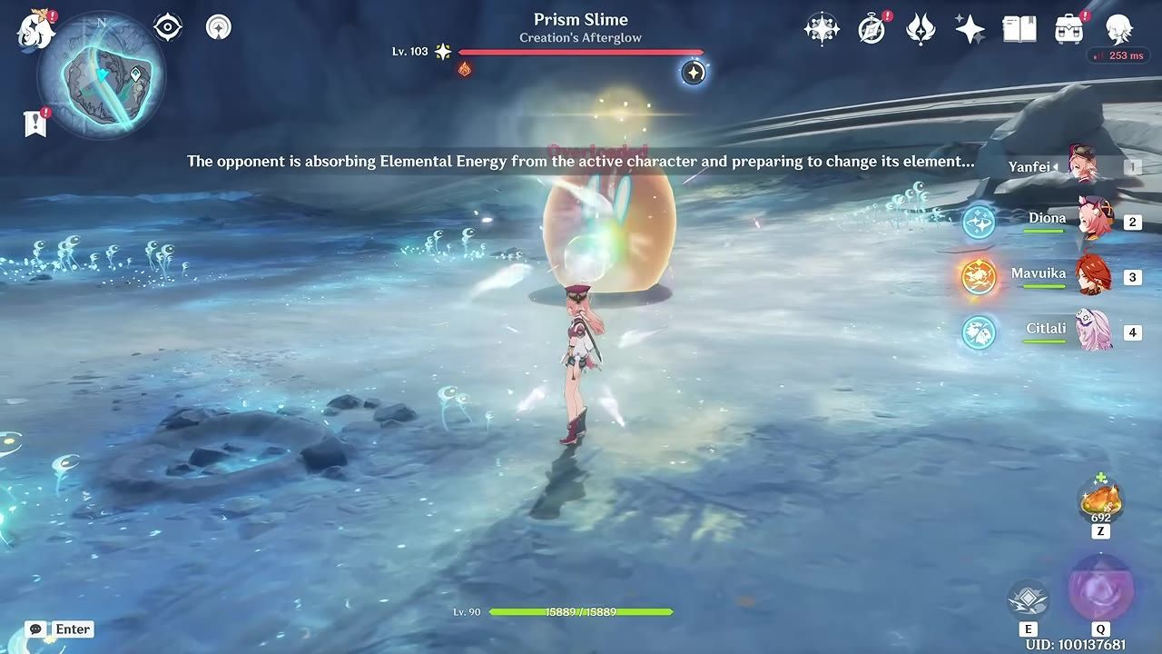 A character facing a Prism Slime with its HP bar visible, surrounded by elemental energy.