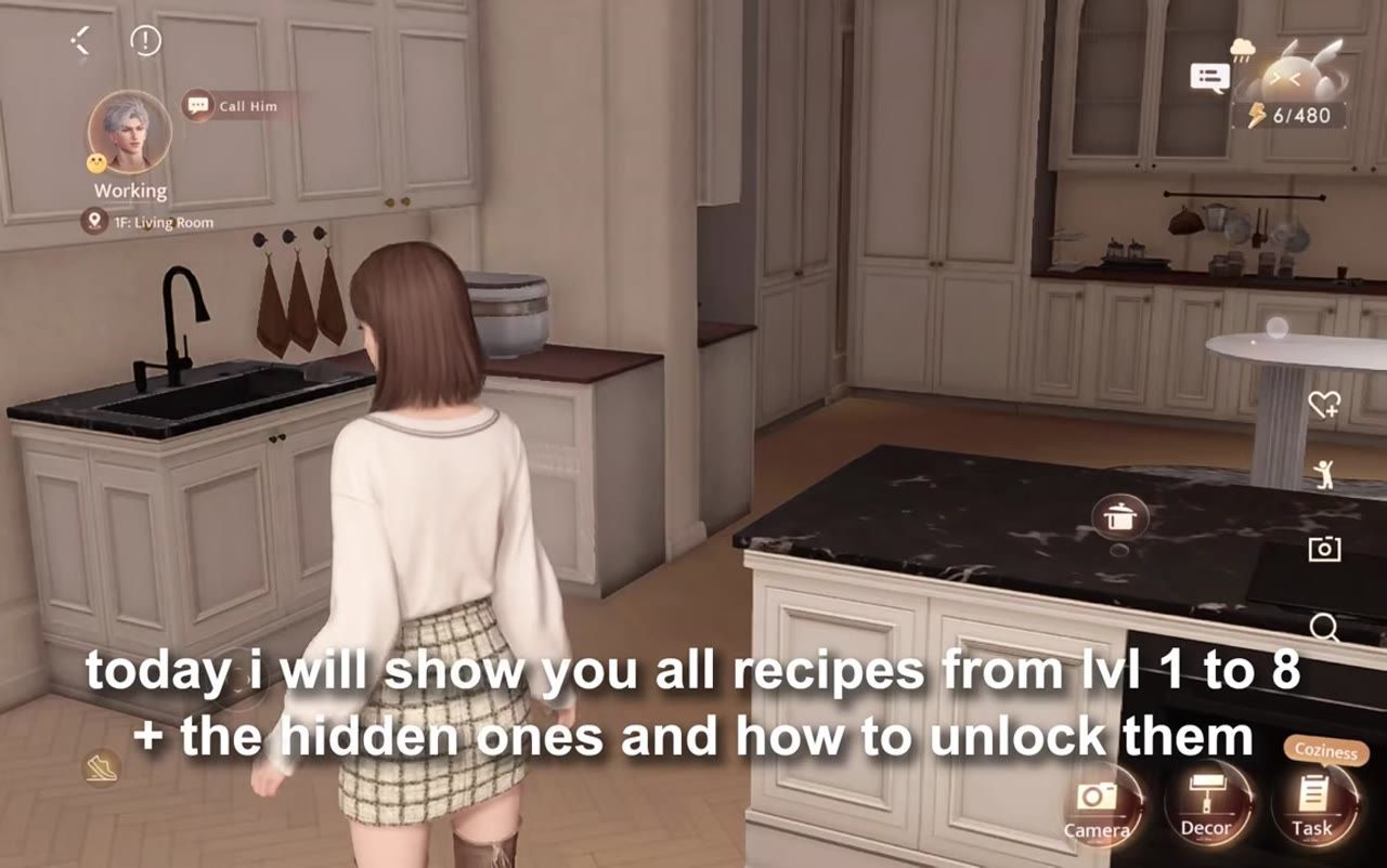 A female game character stands in a bright kitchen while large subtitle text says the guide will show all recipes from level 1 to 8 and the hidden ones.