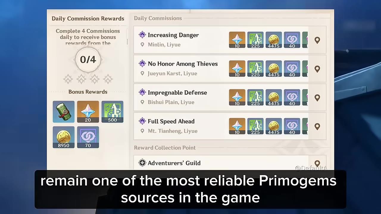 The daily commissions rewards summary screen displaying tasks and collected rewards.