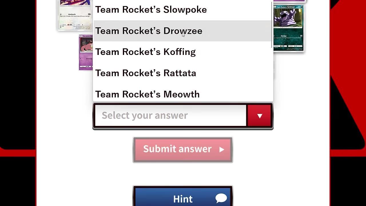 Puzzle screen showing selection for Team Rocket's Drowzee as the answer in a dropdown menu.