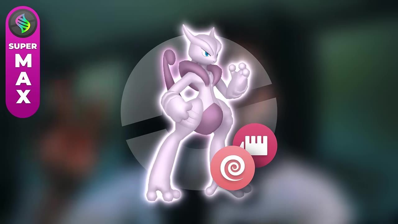 A depiction of Mega Mewtwo surrounded by icons on a colored background.