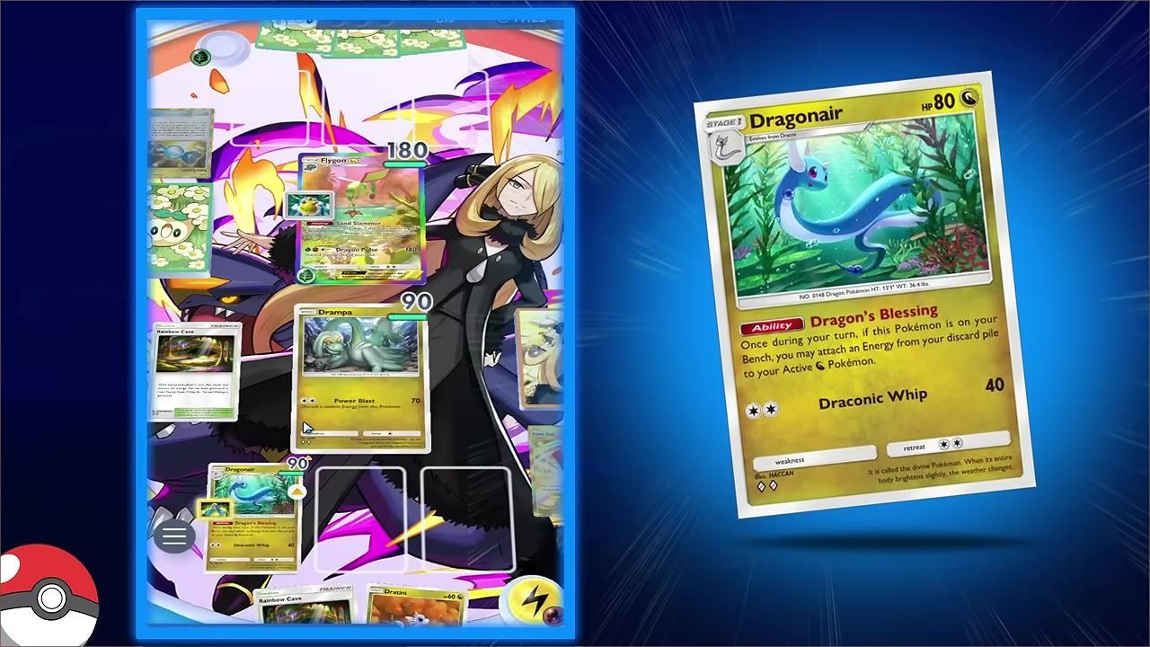 A gameplay screen showing Dragonair on the bench with its 'Dragon's Blessing' card ability highlighted.