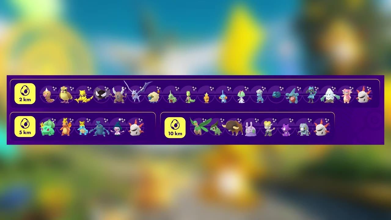 UI showing Pokémon egg pool distribution for 2 km, 5 km, and 10 km distances.