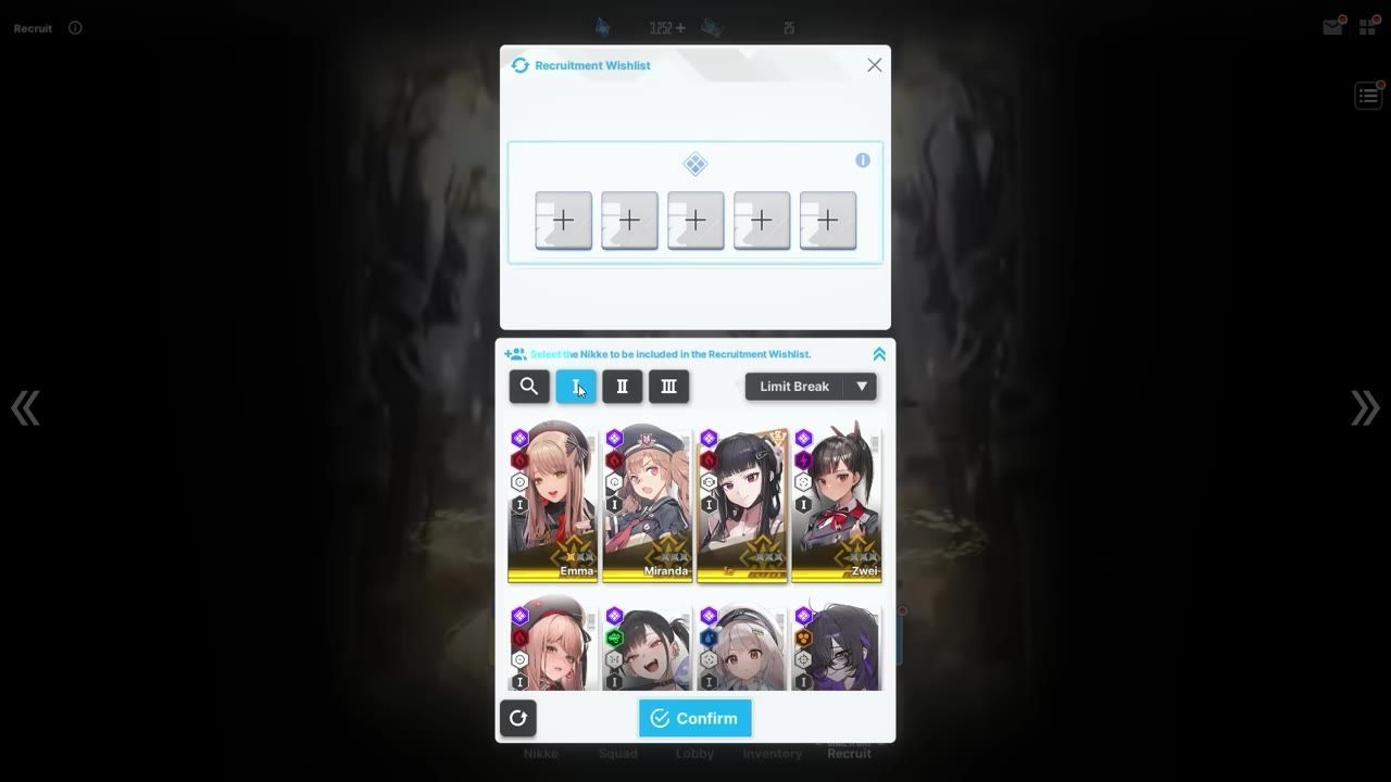 A Recruit Wishlist window is open with faction filters and a grid of Nikke character cards, including Emma and Miranda, visible below an empty wishlist row.