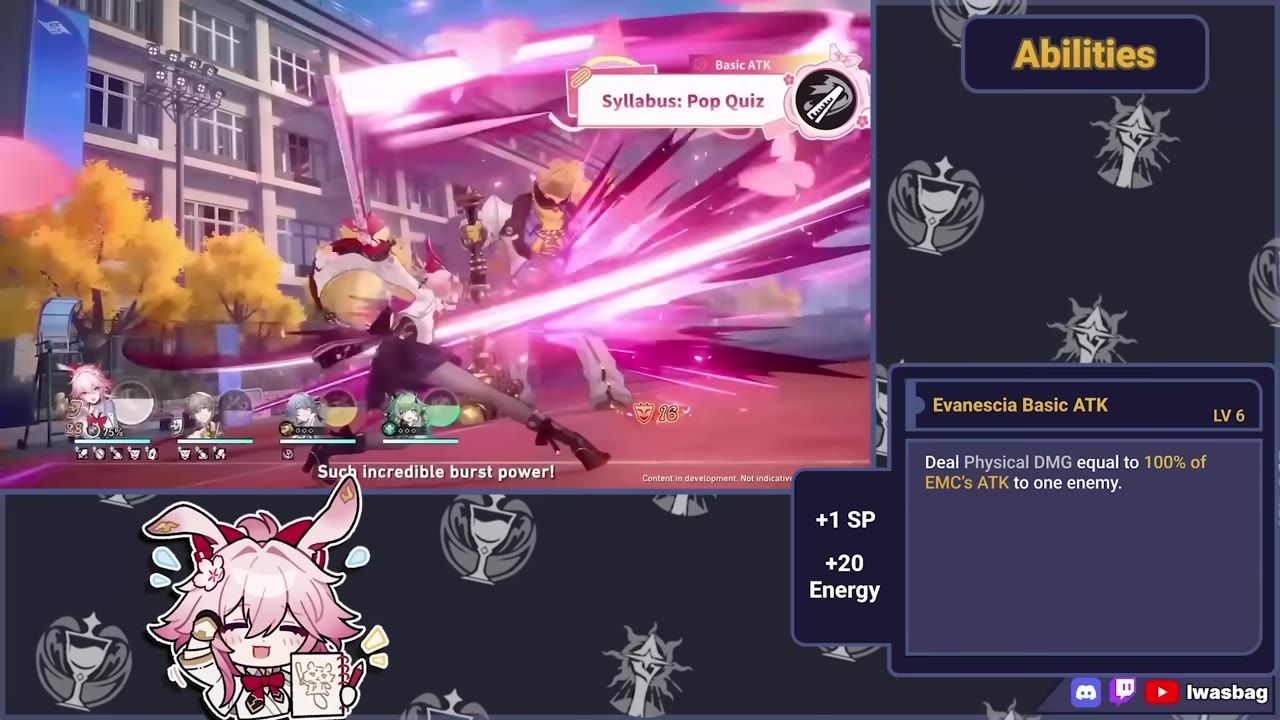 Game screenshot showing Evanescia's abilities UI and a skill description labeled Evanescia Basic ATK.