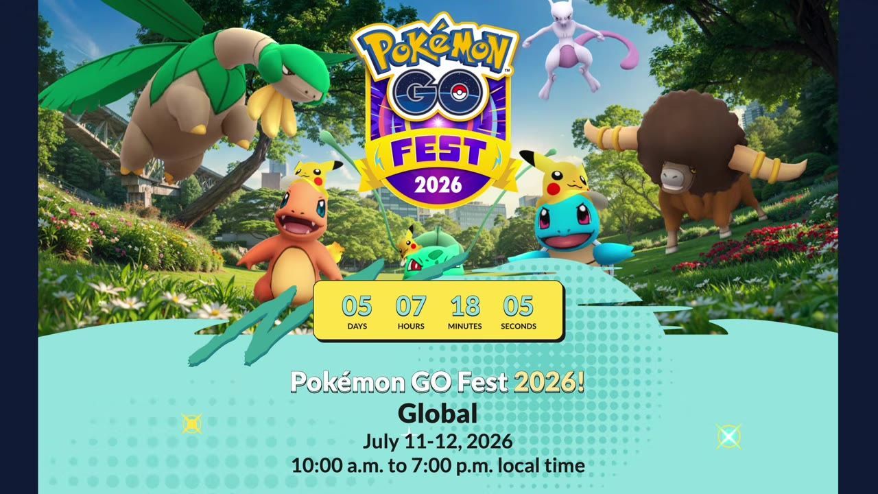 Main page showcasing Pokémon GO Fest 2026 event info including timing and countdown.