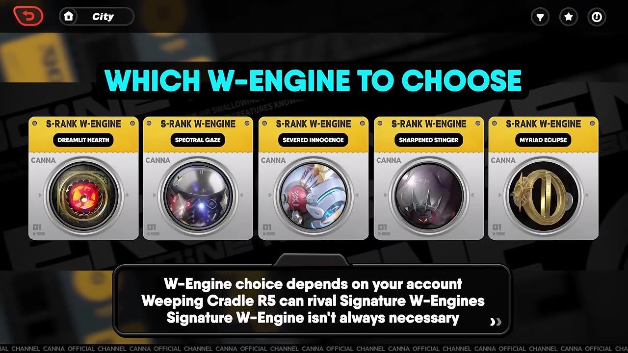 Five options for S-Rank W-engine are displayed in a shop menu.