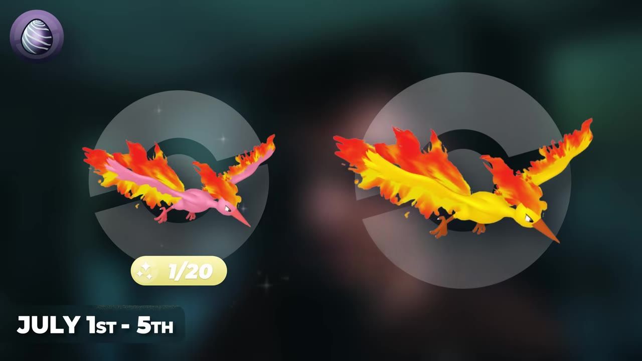 A game event screen shows two flaming bird raid bosses, a 1/20 label, and the date range July 1st–5th.