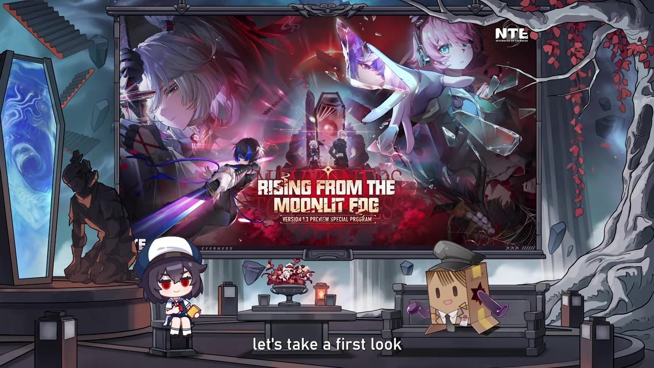 An illustrated promotional scene shows a large screen with the text "RISING FROM THE MOONLIT FOG" and anime characters around it.