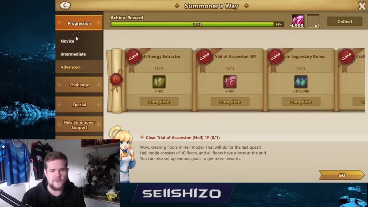 The Summoner’s Way quest menu is open with progression tabs on the left, quest reward cards in the center, and a Go button at the bottom right.
