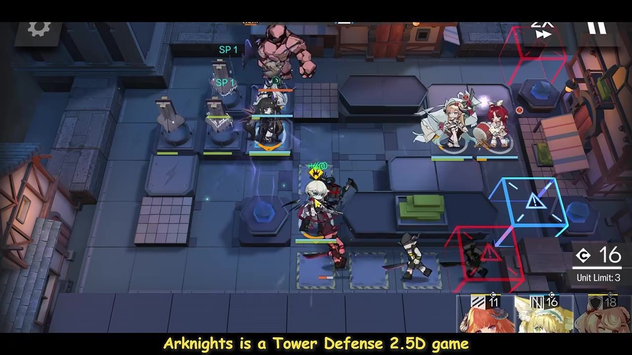 The gameplay screen of Arknights displaying enemy paths, red and blue boxes, and operators deployed on the map.