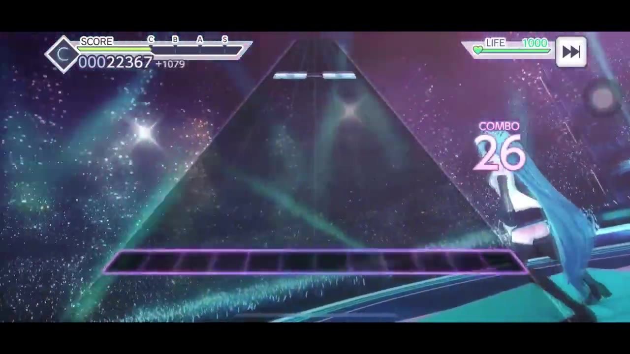 A gameplay screen showing rhythm note mechanics with score and combo indicators, accompanied by colorful 3D visuals and character animations.
