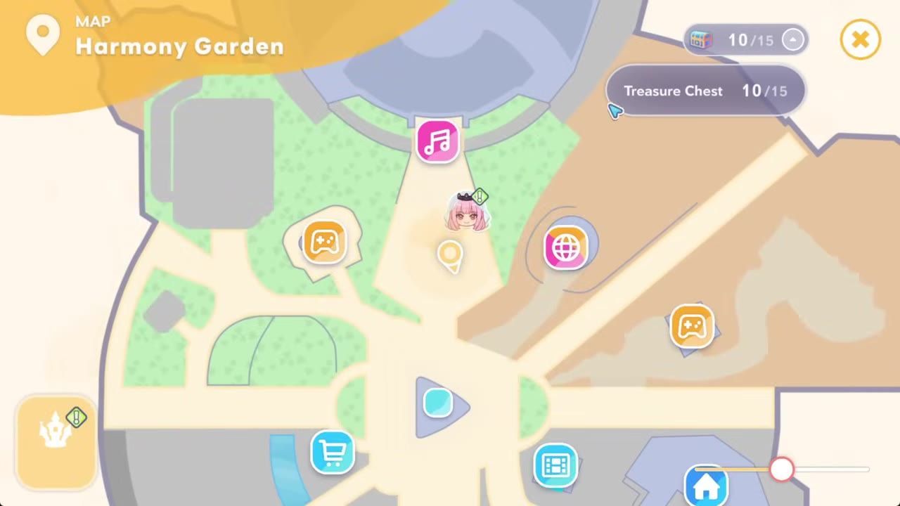 A colorful map of Harmony Garden is open with a treasure chest counter and chest indicator in the top-right corner.