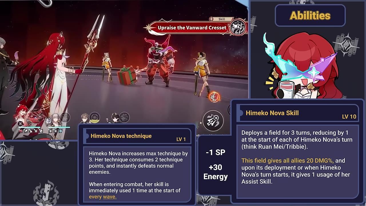 Gameplay screenshot displaying Himeko Nova's skill deployment and ability descriptions with visible buffs.