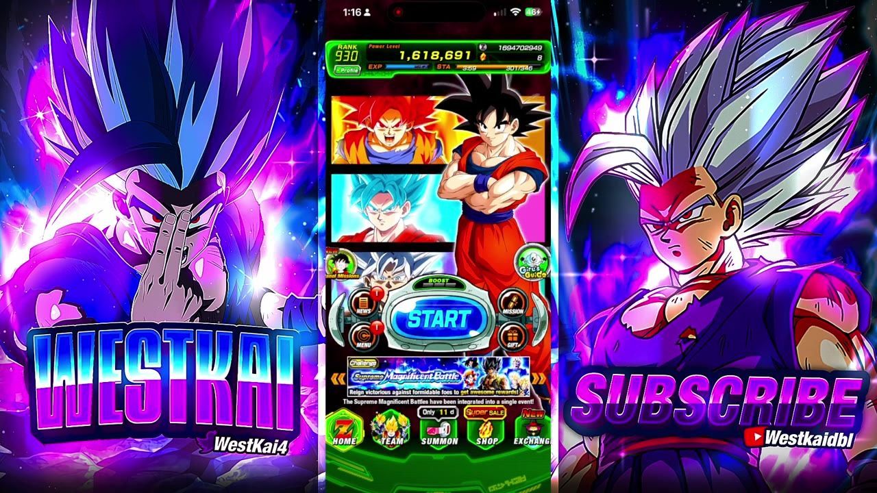 A mobile game home screen shows a large START button in the center, a row of circular menu buttons around it, and status counters across the top.