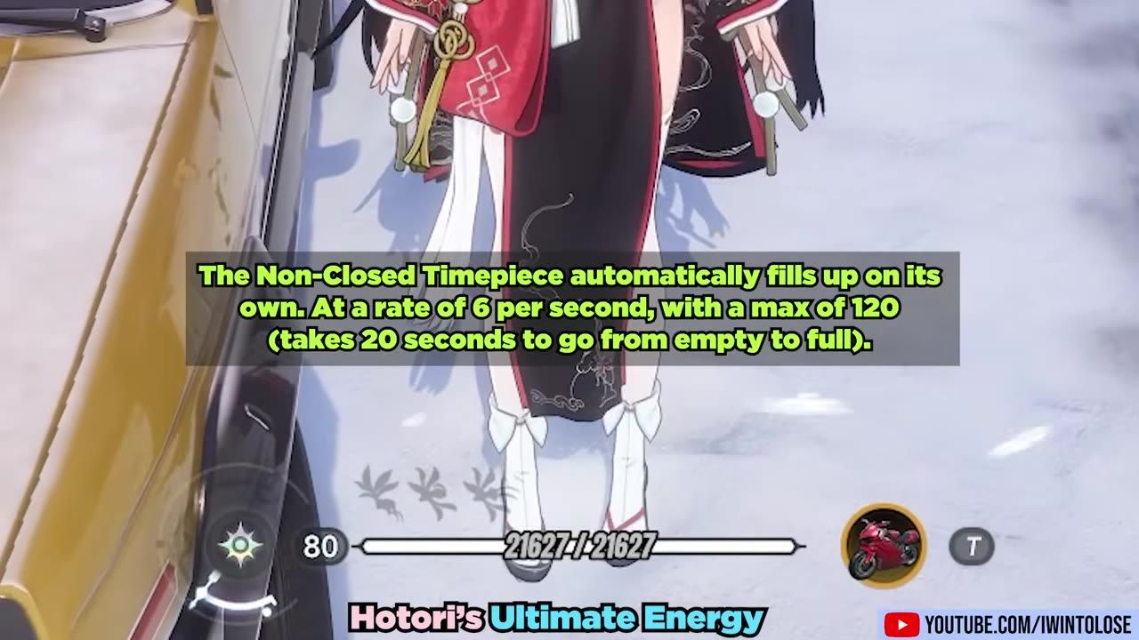A character stands in-game with the health bar and ultimate energy UI visible at the bottom, while a large caption explains the Non-Closed Timepiece.