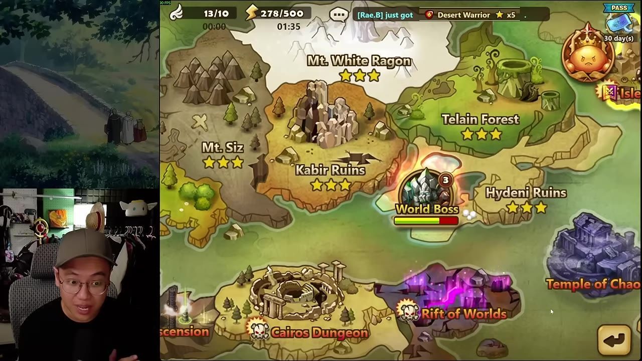 A streamer appears in a webcam box beside a game world map showing locations like World Boss, Cairos Dungeon, Rift of Worlds, and Temple of Chaos.