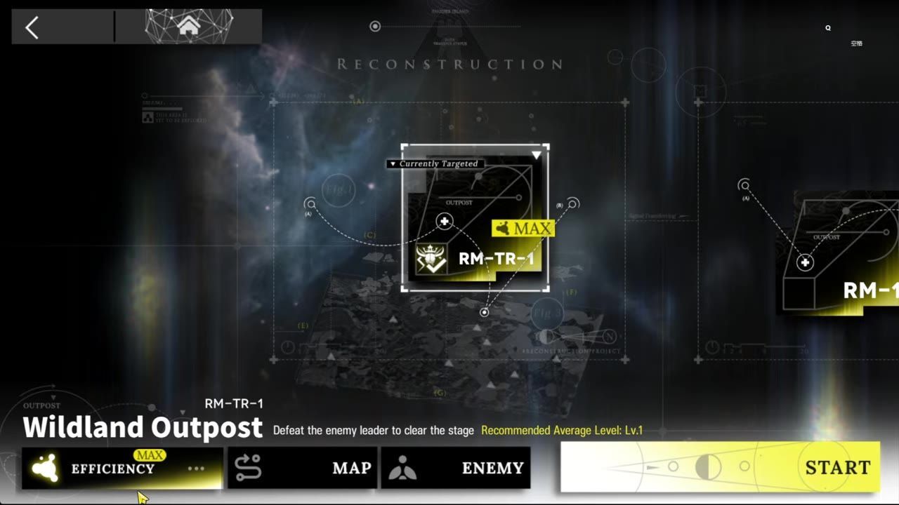 A game stage selection screen shows Wildland Outpost with efficiency marked MAX, a map layout with facility tiles, and a yellow Start button.