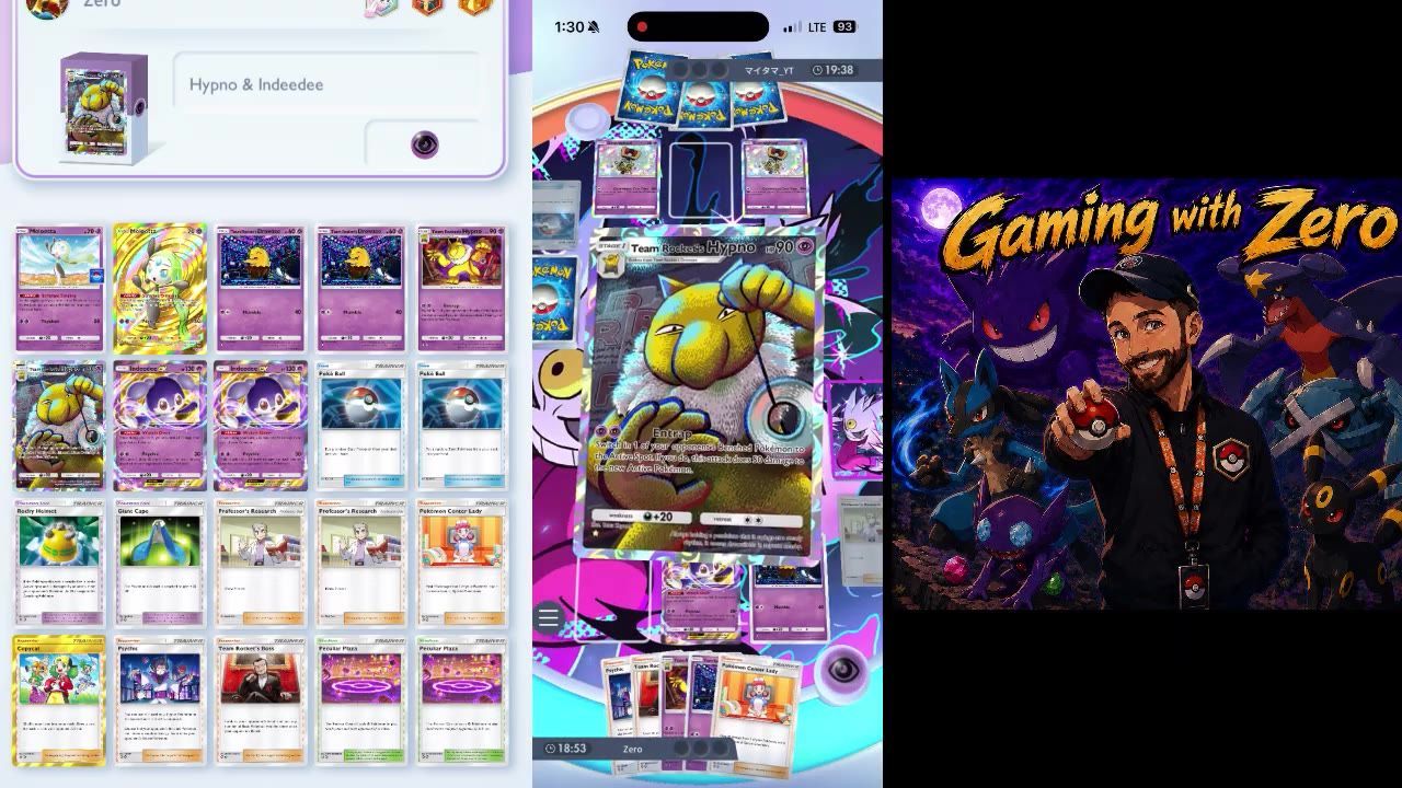 A deck list and card setup are shown with a deck box labeled Hypno & Indeedee, a large Team Rocket’s Hypno card, and multiple Indeedee cards visible.