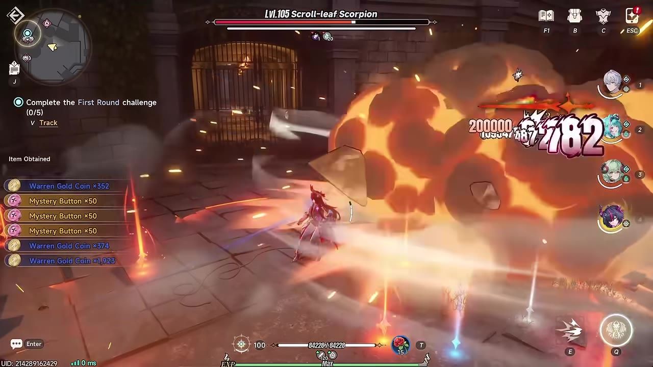 A character stands in a stone corridor as a huge explosion and damage numbers fill the right side, while loot notifications including Mystery Button rewards appear on the left.