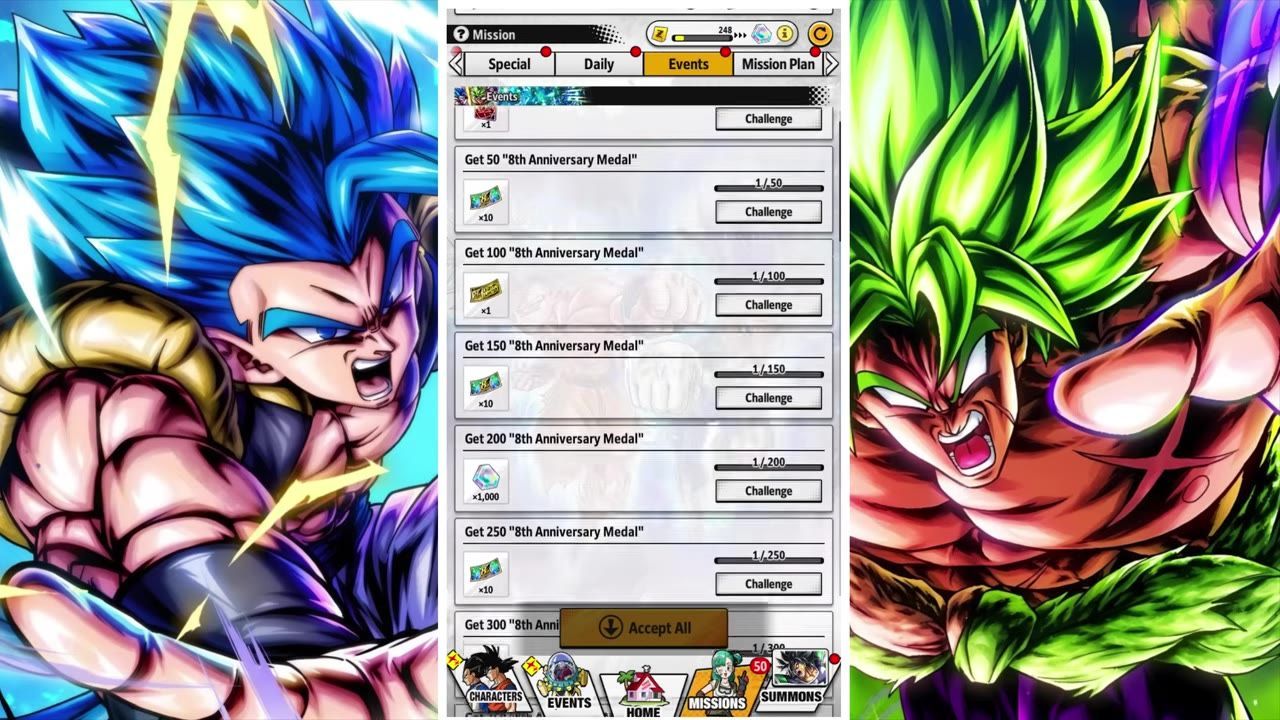 A game missions screen shows several challenge entries for collecting 8th Anniversary Medals with progress bars and reward icons.