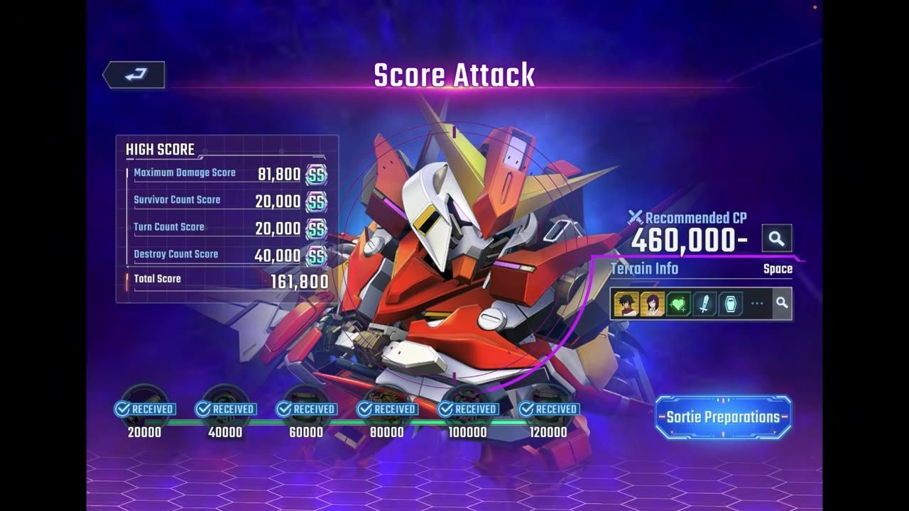 A Score Attack menu shows a high score breakdown, recommended CP, terrain info, and milestone rewards along the bottom up to 120,000.
