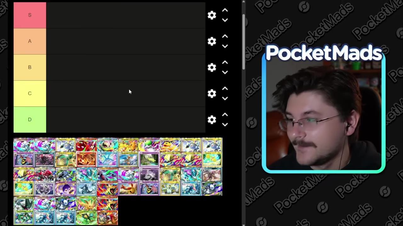A tier list editor with empty S through D rows is shown on the left, while the creator appears in a framed webcam box on the right.