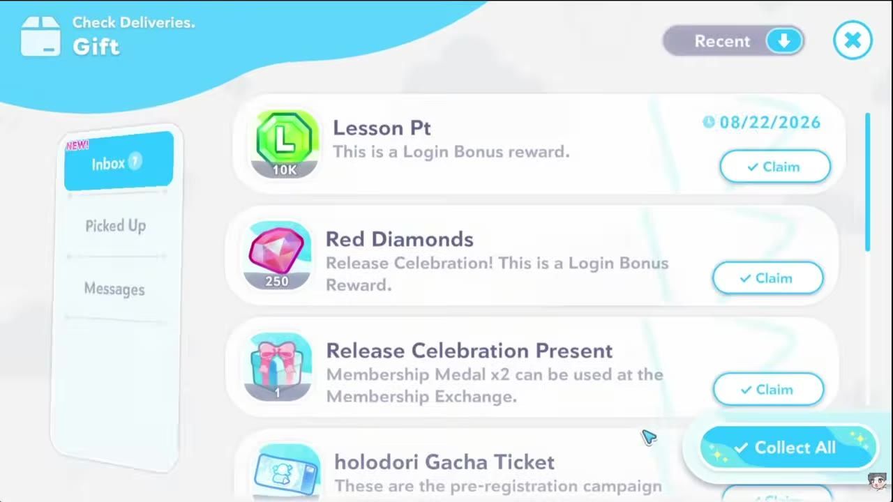 A gift inbox screen shows rewards like Lesson Pt, Red Diamonds, and a Collect All button with Inbox selected on the left.