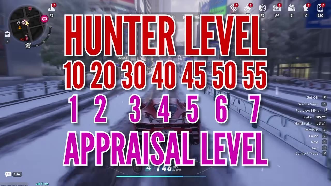 A racing game scene is covered by large milestone text reading HUNTER LEVEL with numbers 10, 20, 30, 40, 45, 50, 55 and APPRAISAL LEVEL with numbers 1 through 7.