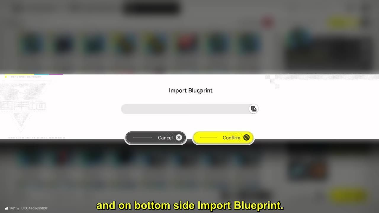 The Import Blueprint menu with options Cancel and Confirm highlighted.