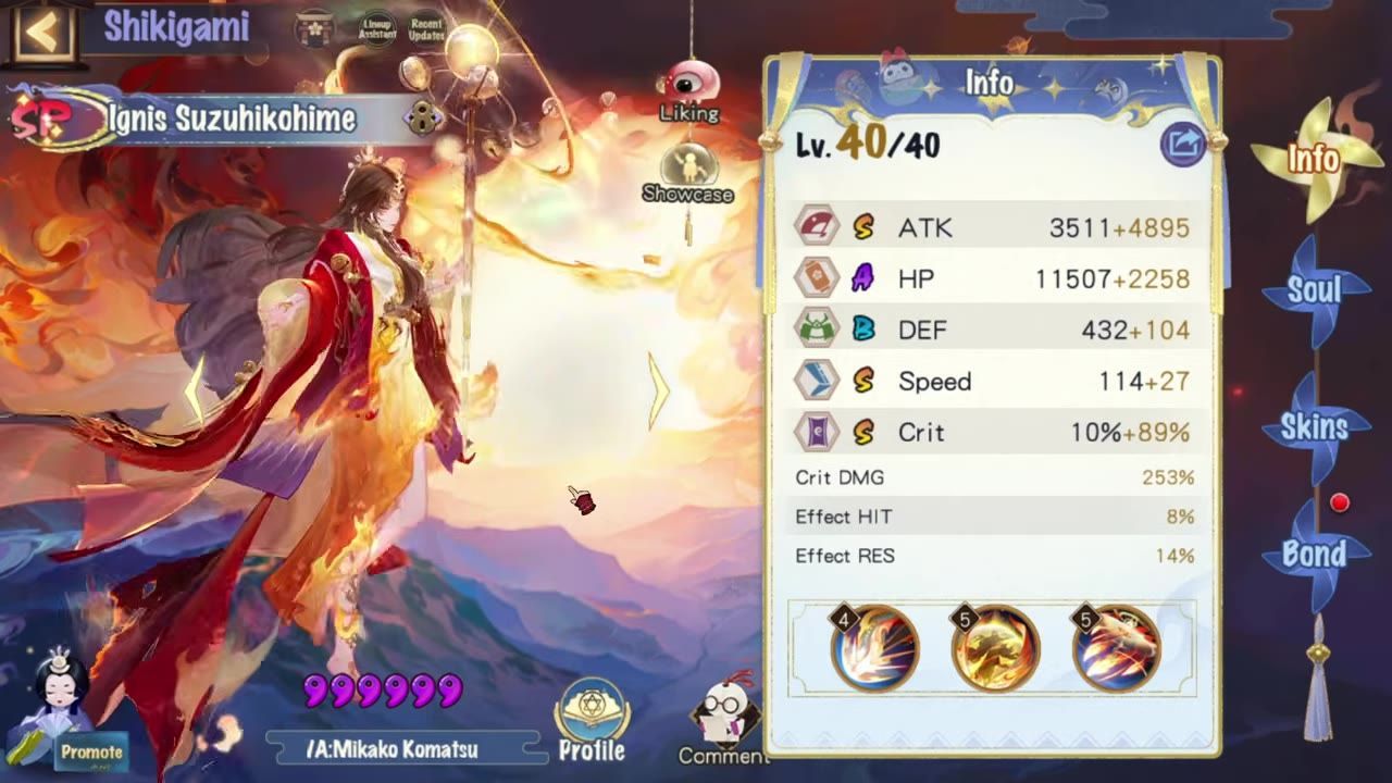 A character screen featuring Ignis Suzuhikohime with her stats and abilities displayed alongside a detailed character art.