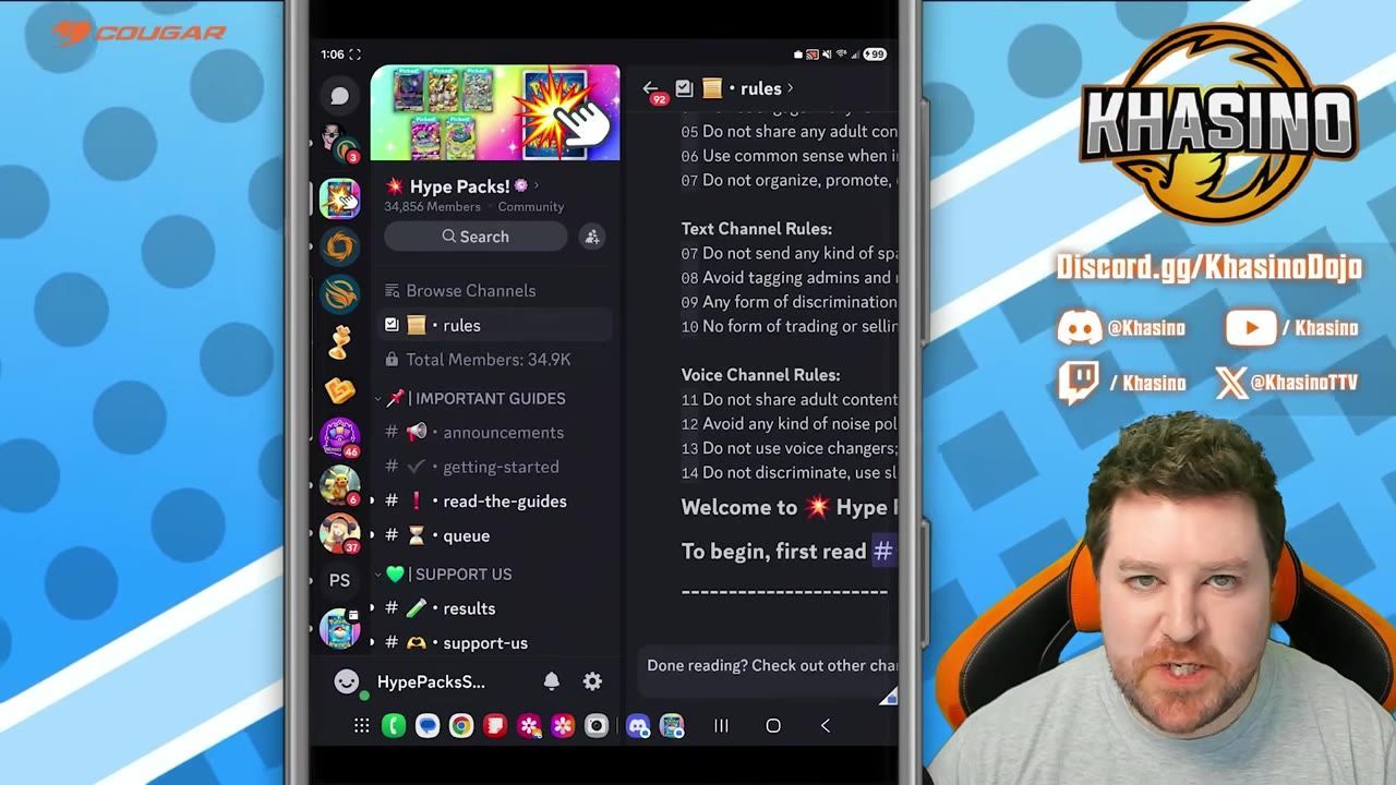 A phone screen shows the Discord server for Hype Packs with the rules channel open and guide-related channels listed in the sidebar.