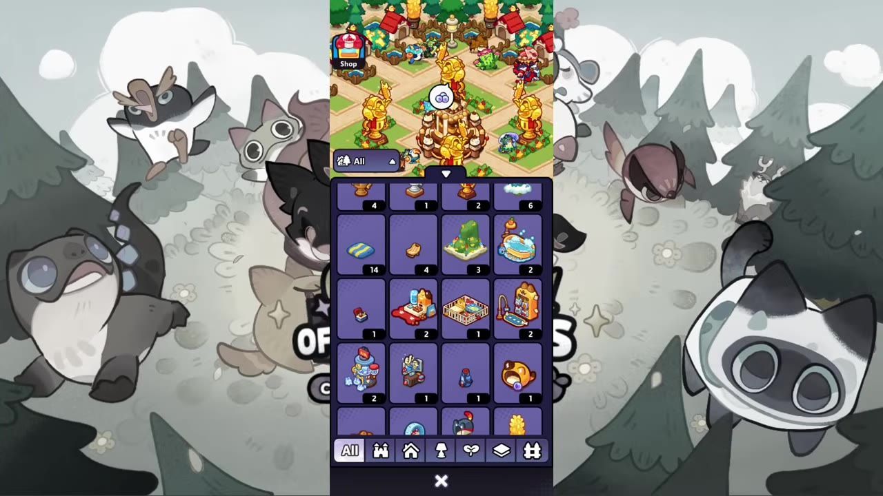 A game camp view is shown with several decorations arranged around a central area, while an inventory panel of items is open in the foreground.