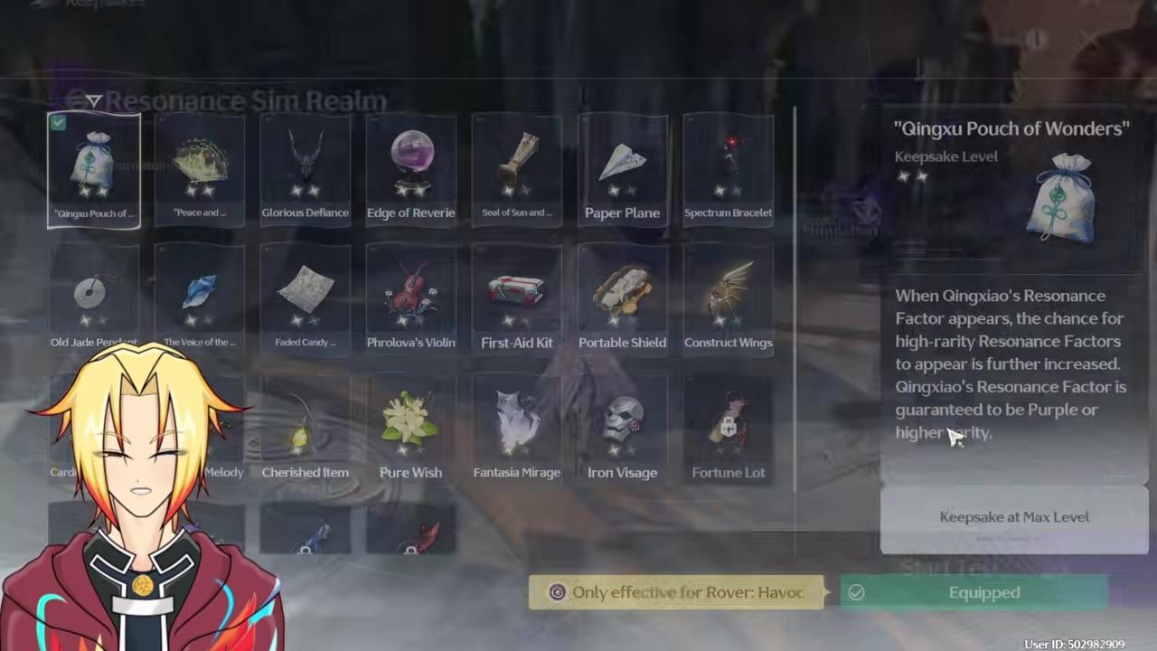 A keepsake selection menu shows a grid of keepsake icons, with Qingxu Pouch of Wonders selected and its details displayed on the right.