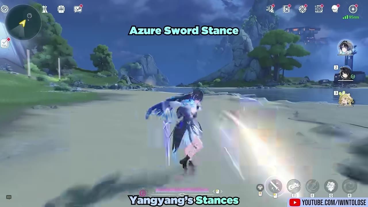 A character fights on a beach at night with the text "Azure Sword Stance" at the top and "Yangyang's Stances" at the bottom, while the HUD and party icons are visible.